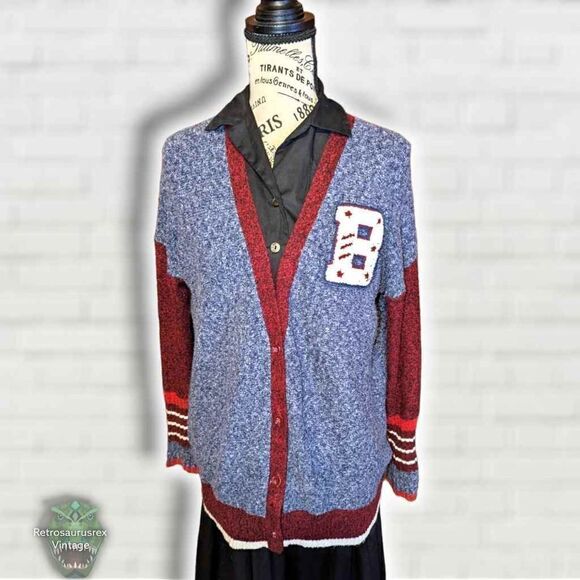 Y2K Retro Preppy Twee Letterman Jacket Style Long cardigan Sweater, Oversized Sm - Picture 5 of 6